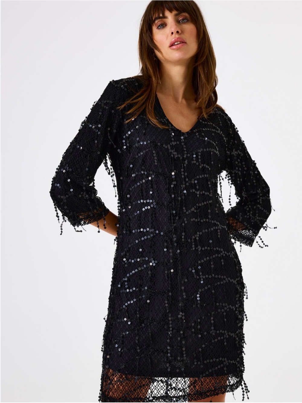 Zara Black Long-Sleeve Sequin V-Neck Dress